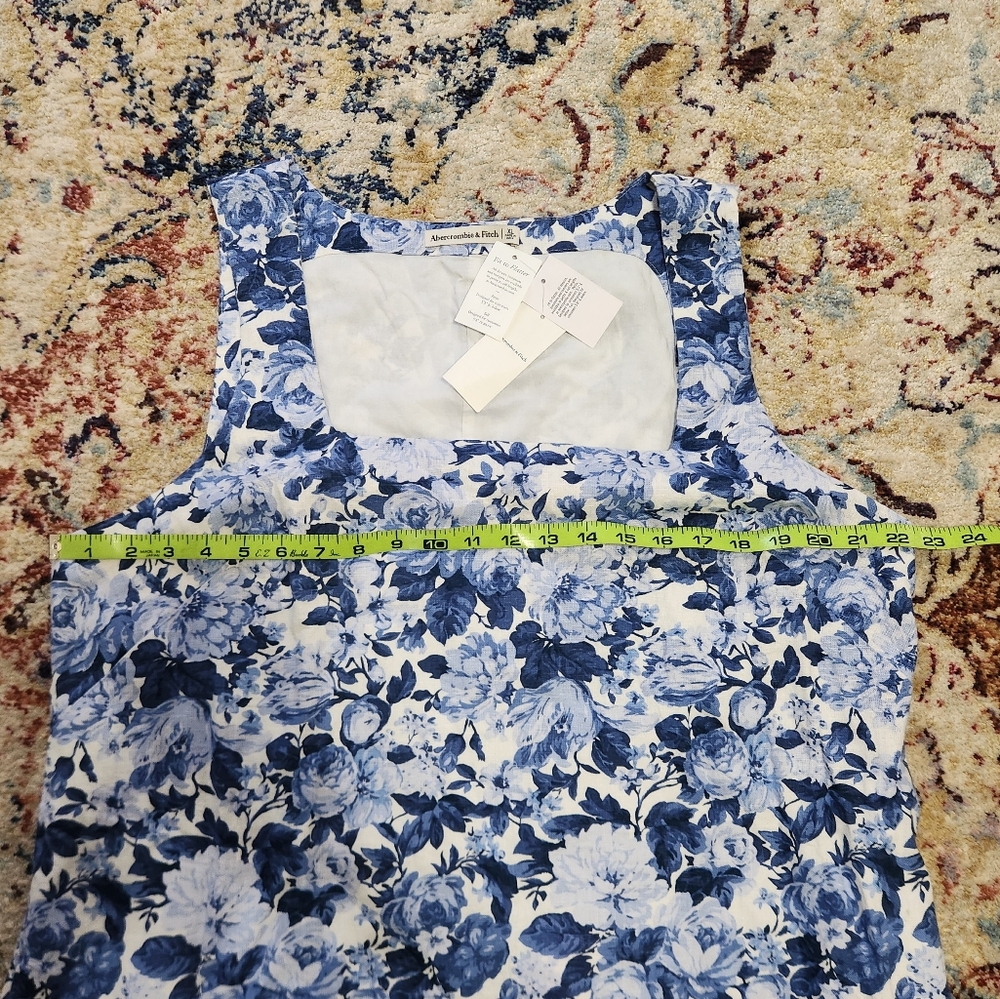 Abercrombie & Fitch Square Neck Linen-Blend Blue Floral Mini Dress Size XL - Picture 14 of 15